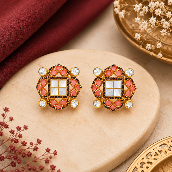 Regal Blush 925 Sterling Silver Golden Floral Pearl Studs