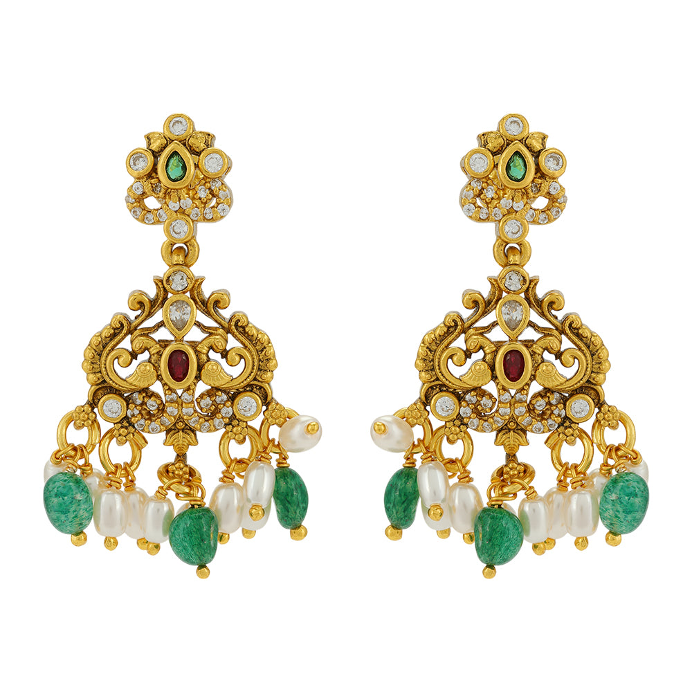 Regal Duo Peacocks 925 Gold Plated Green Beads Pearl Drips Earrings