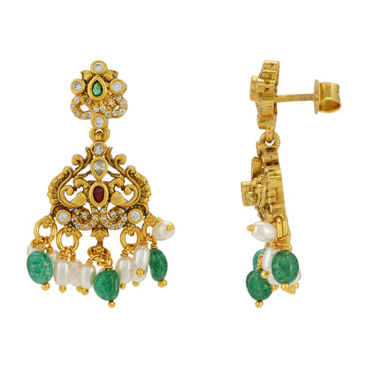 Regal Duo Peacocks 925 Gold Plated Green Beads Pearl Drips Earrings