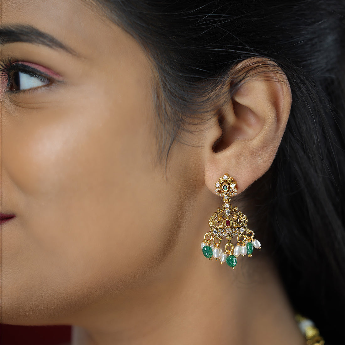 Regal Duo Peacocks 925 Gold Plated Green Beads Pearl Drips Earrings