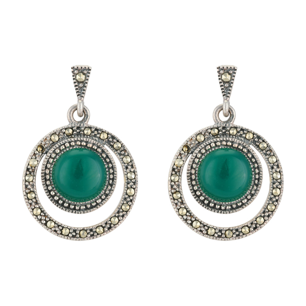 Regal Green Marcasite 925 Oxidised Circle Earrings