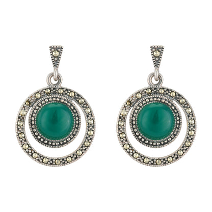 Regal Green Marcasite 925 Oxidised Circle Earrings