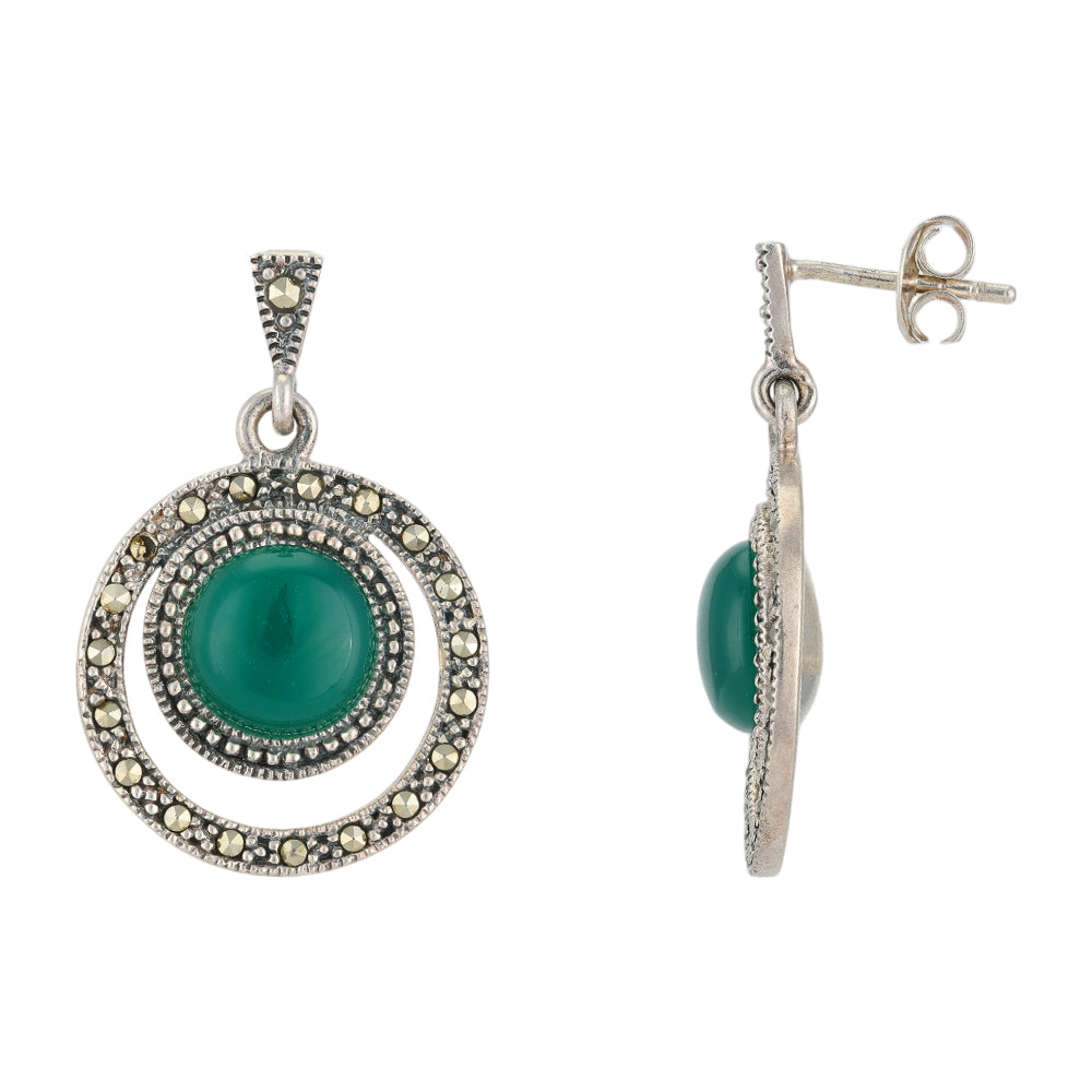 Regal Green Marcasite 925 Oxidised Circle Earrings