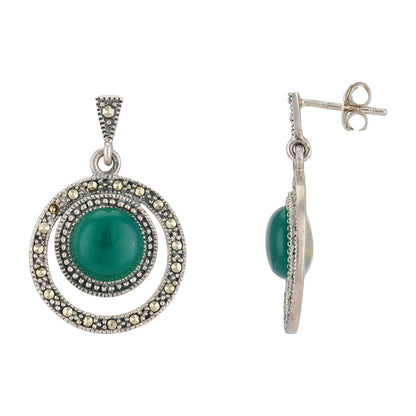 Regal Green Marcasite 925 Oxidised Circle Earrings