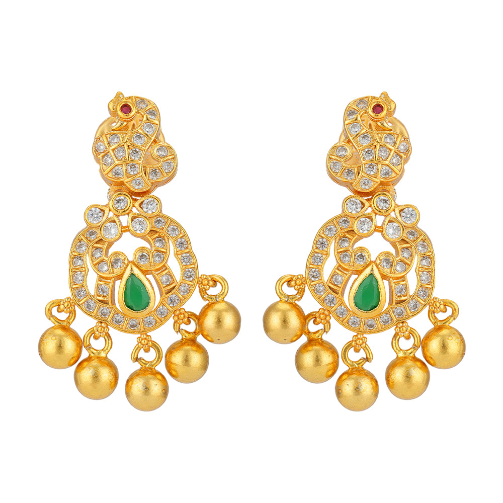 Regal Peacock Grace 925 Gold Plated Green Stone Bead Drop Earrings