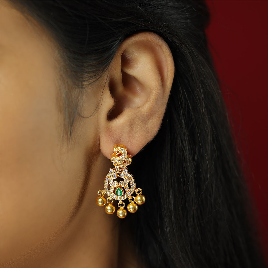 Regal Peacock Grace 925 Gold Plated Green Stone Bead Drop Earrings