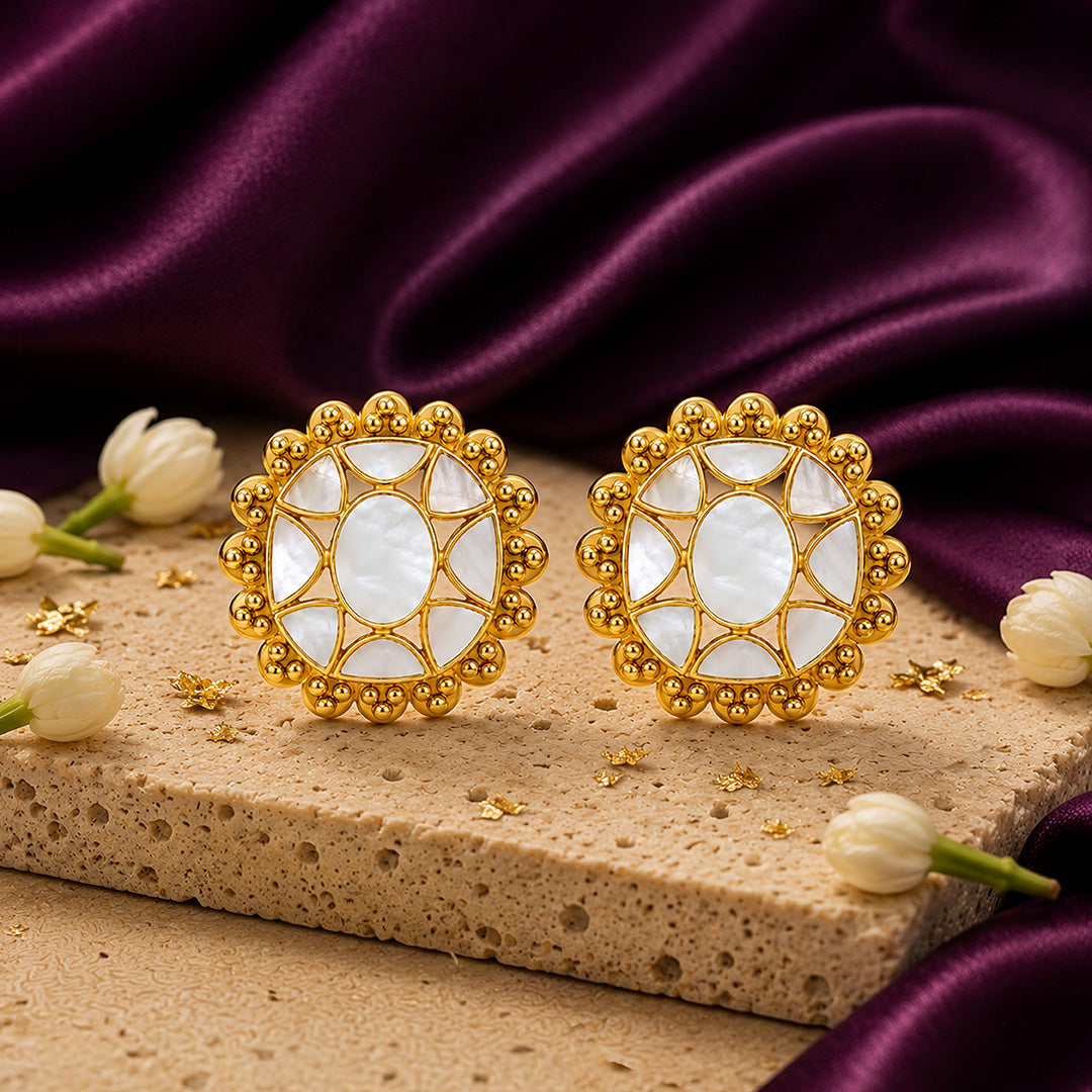 Regal Sunflower 925 Sterling Silver Pearl Stud Earrings
