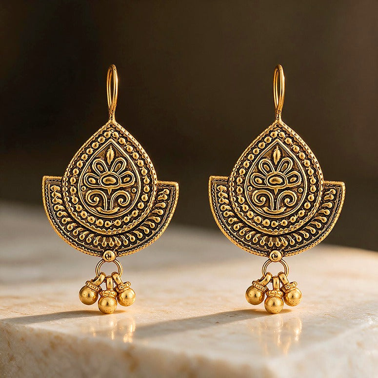 Regal Temple 925 Sterling Silver Golden Dangle Earrings