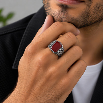 Revamp Red Agate Sterling Silver Oxidised Cuban Pattern Ring