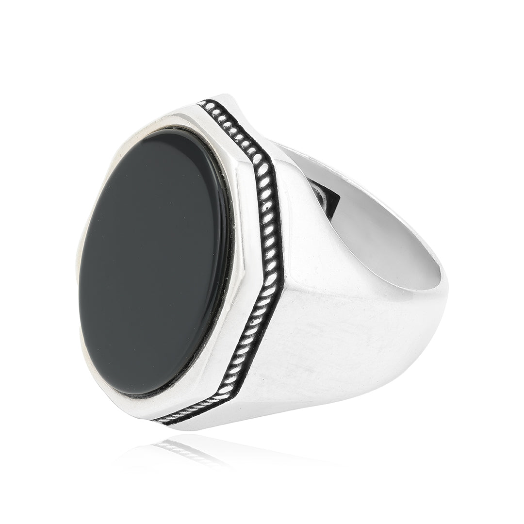 Rhodium 925 Black Agate Sterling Silver Geometric Ring