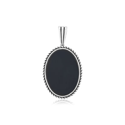 Rhodium 925 Rope Edge Oval Black Agate Oxidised Pendant