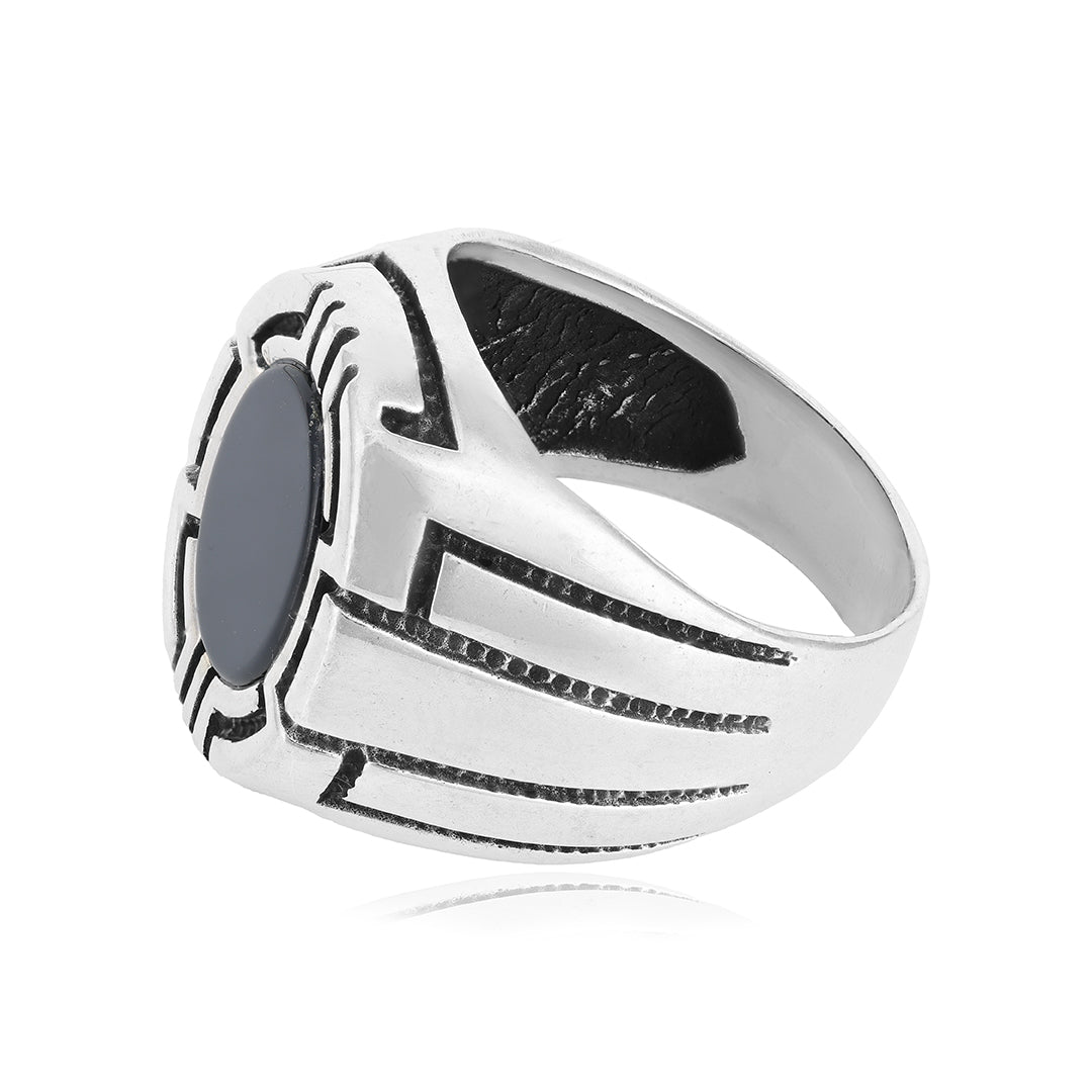 Rhodium Black Agate 925 Signet Sterling Silver Ring