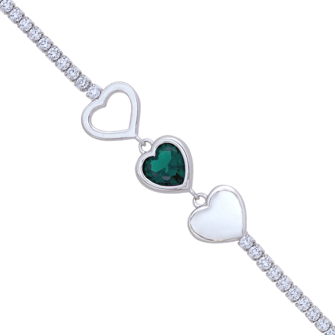 Rhodium Centered Green Heart 925 Triple Heart Tennis Bracelets