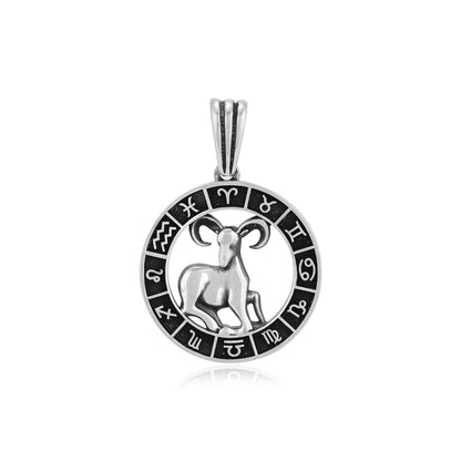 Rhodium Dynamic Aries Oxidised Zodiac Pendant