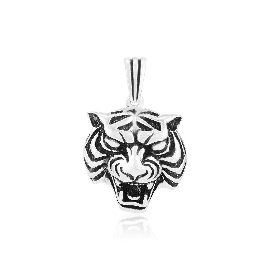 Rhodium Ferocious Tiger Head 925 Oxidised Pendant