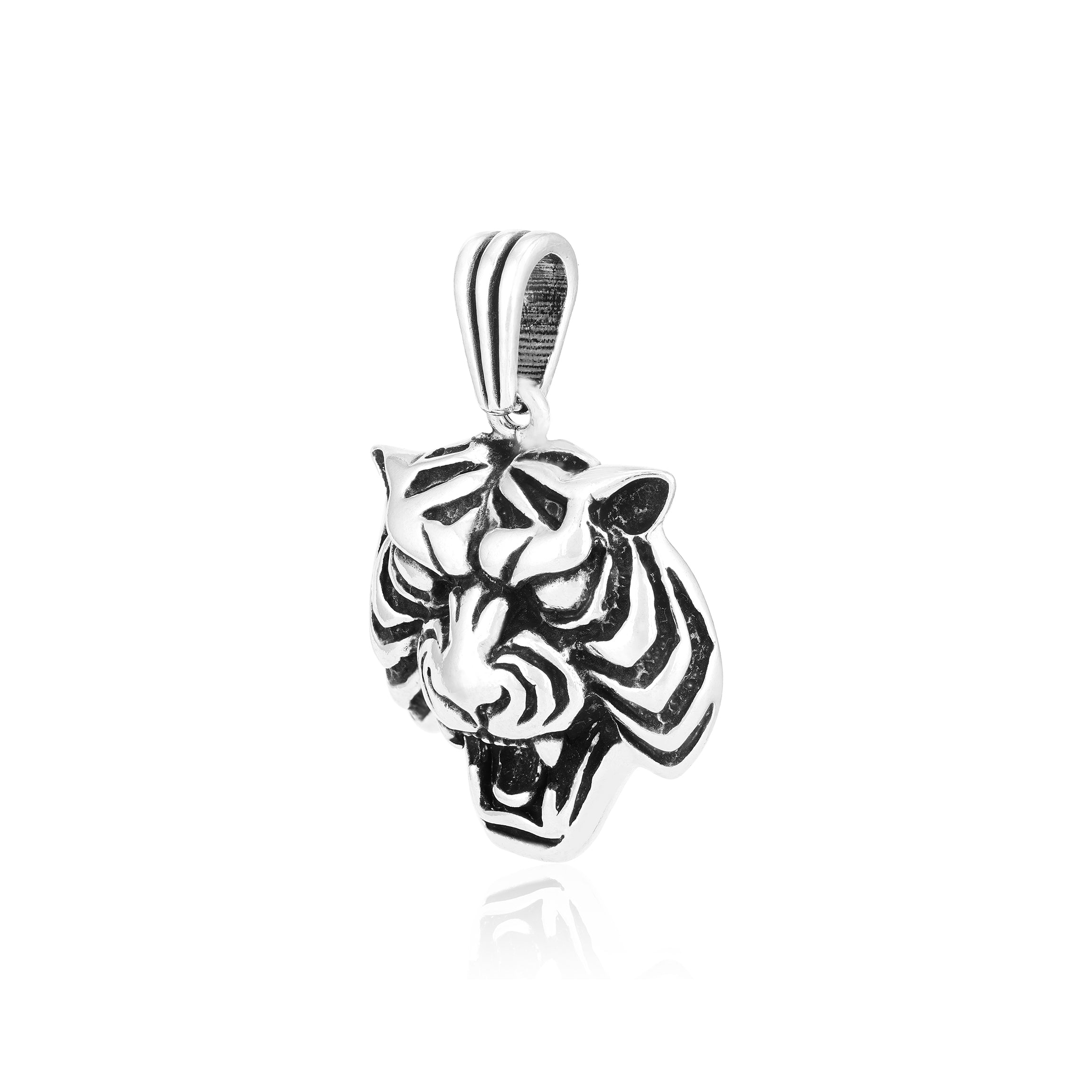 Rhodium Ferocious Tiger Head Oxidised Pendant