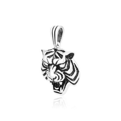 Rhodium Ferocious Tiger Head Oxidised Pendant