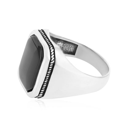 Rhodium Octagon Forge 925 Black Agate Ring