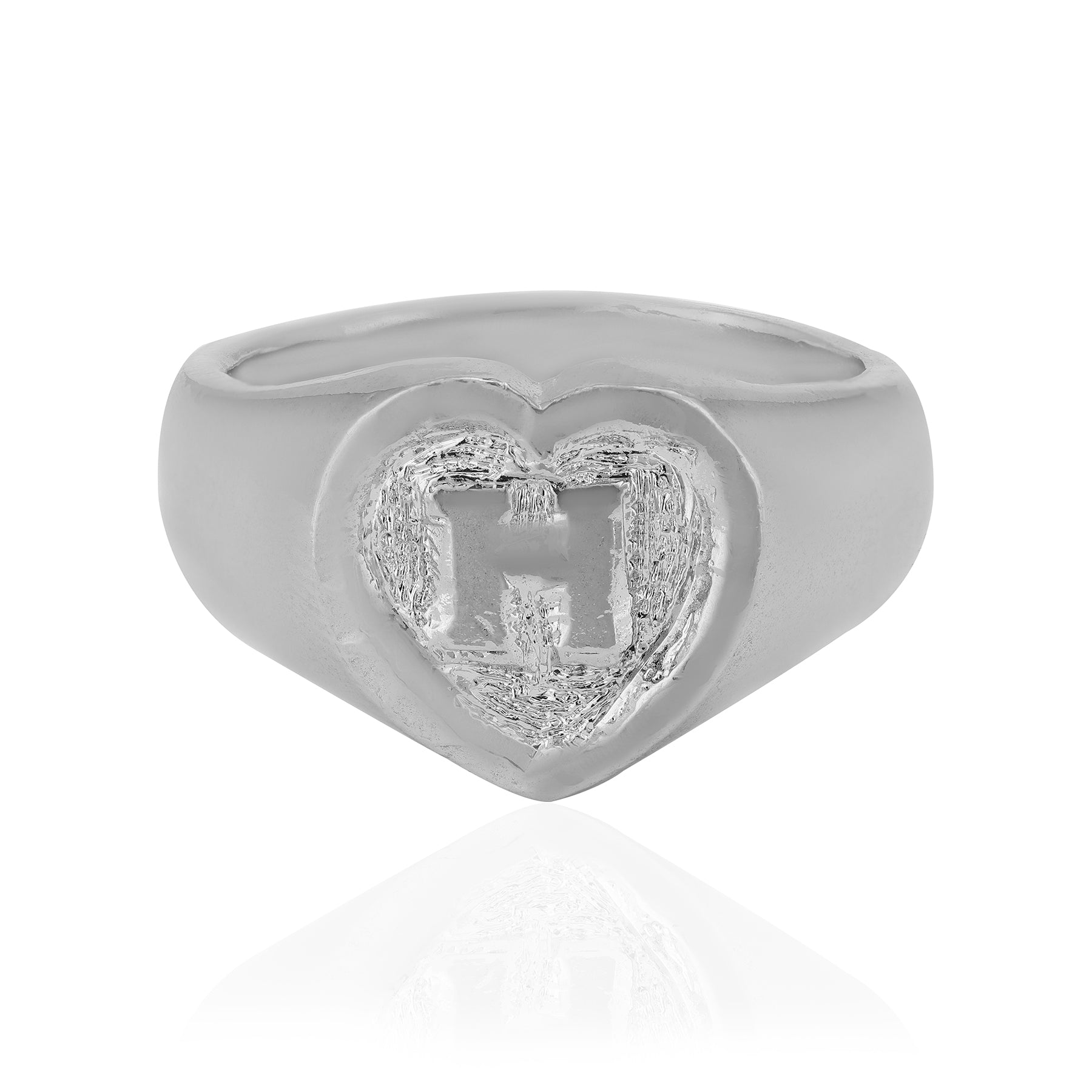 Rhodium Plated H Nested Within Heart Rings 
