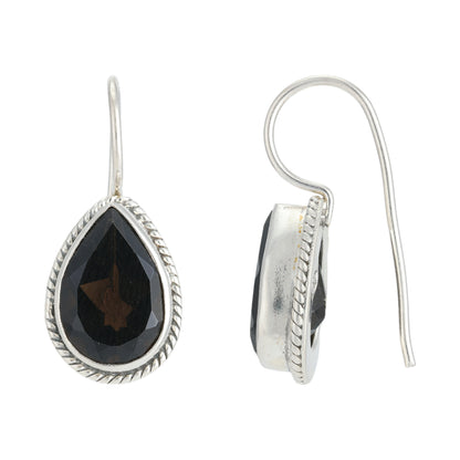 925 Rhodium Plated Pear Shaped Black Stone Swirl Detail Earrings