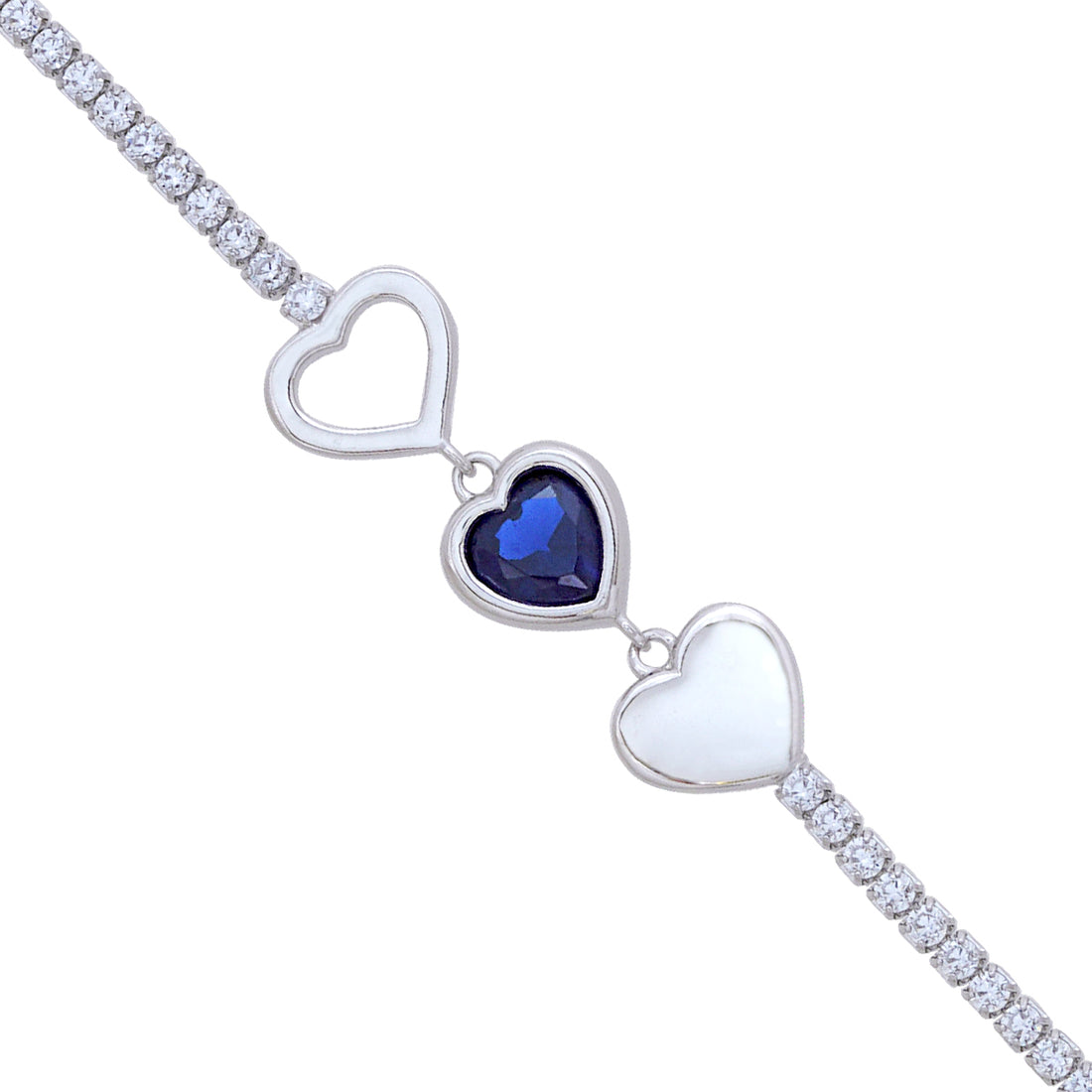 Rhodium Pointed Blue Heart Triple Heart Tennis Bracelets