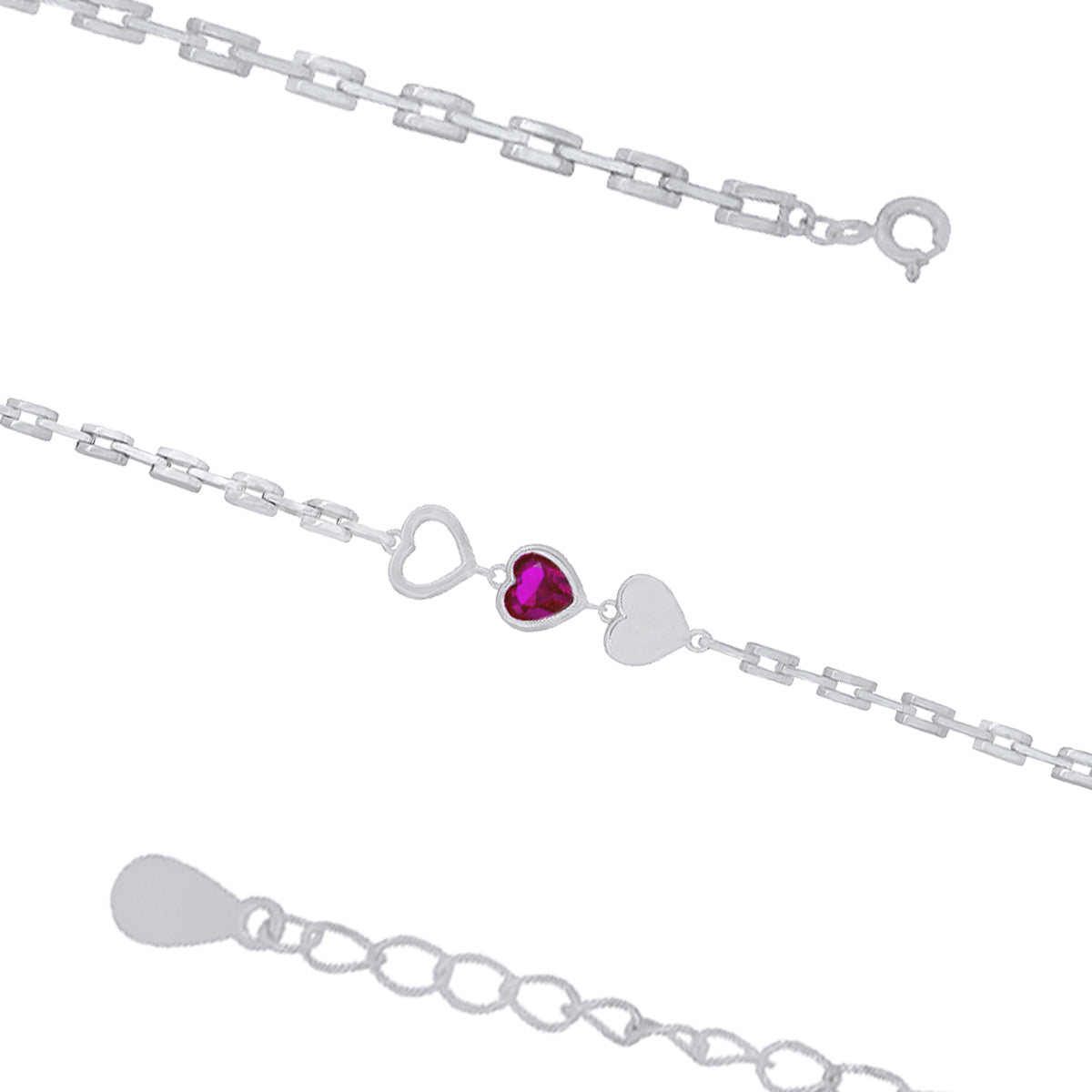 Rhodium Red Centered Triple Heart Bracelets