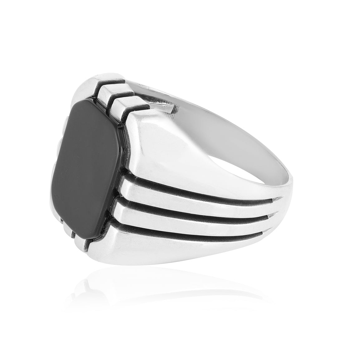 Rhodium Steel Striped Octagonal Black Agate Ring