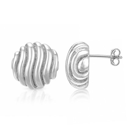 Ribbed Wavy Button Sterling Silver Earrings