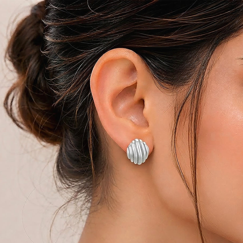 Ribbed Wavy Button Sterling Silver Earrings
