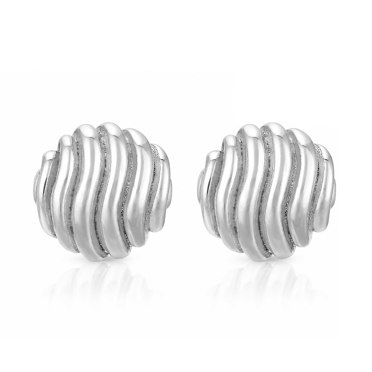 Ribbed Wavy Button Sterling Silver Earrings