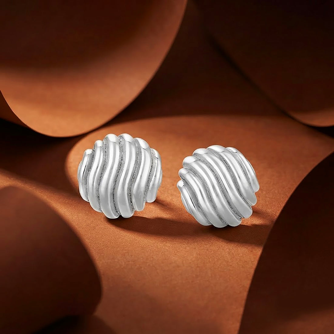 Ribbed Wavy Button Sterling Silver Earrings