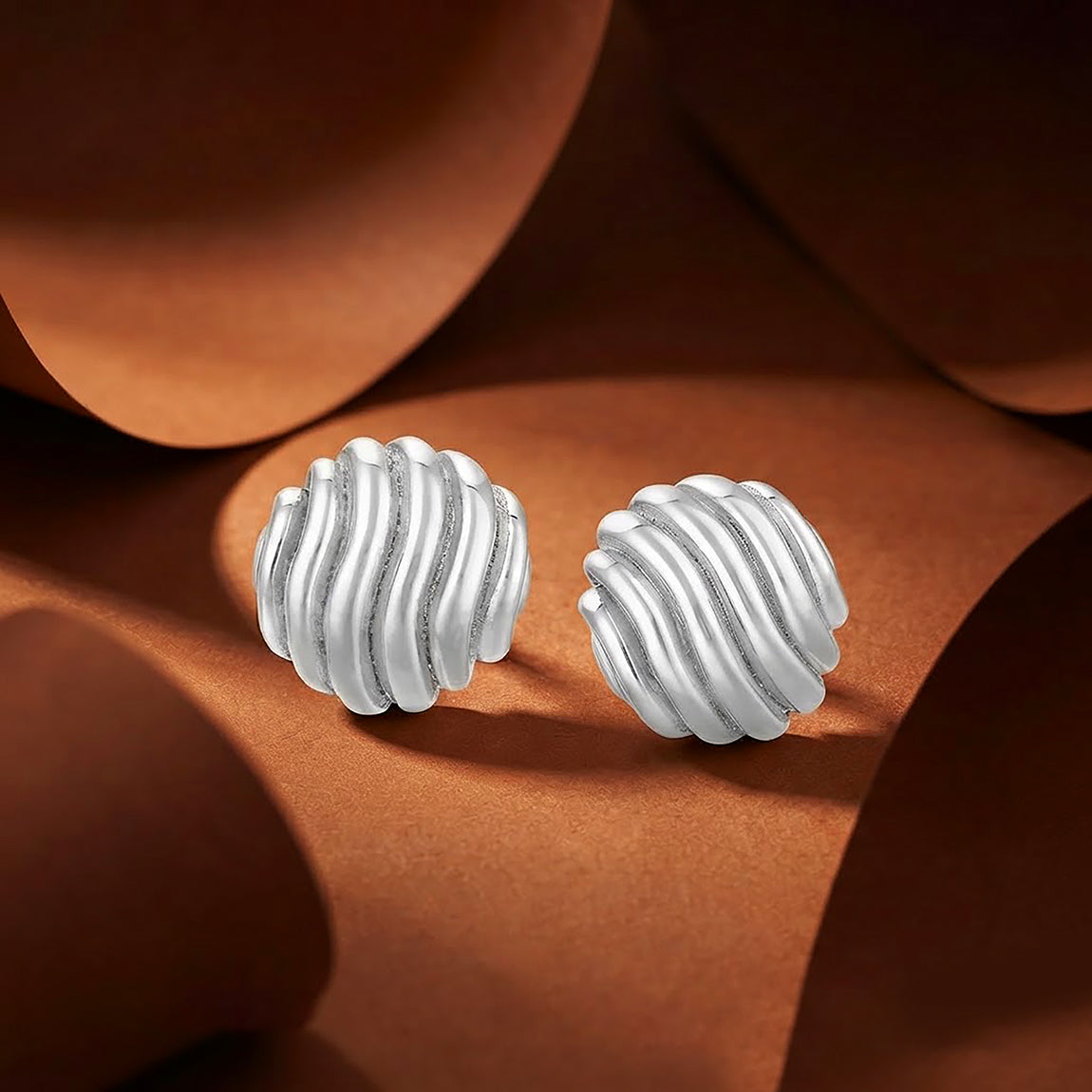 Ribbed Wavy Button Sterling Silver Earrings