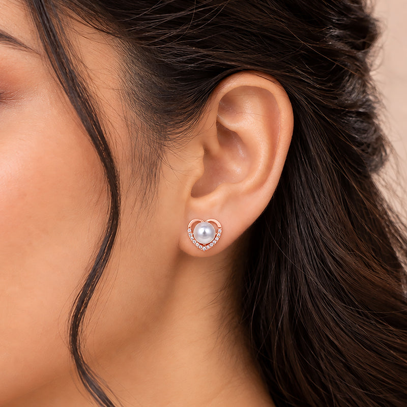 Romantic Rose Gold 925 Sterling Silver Heart Pearl Stud for Women