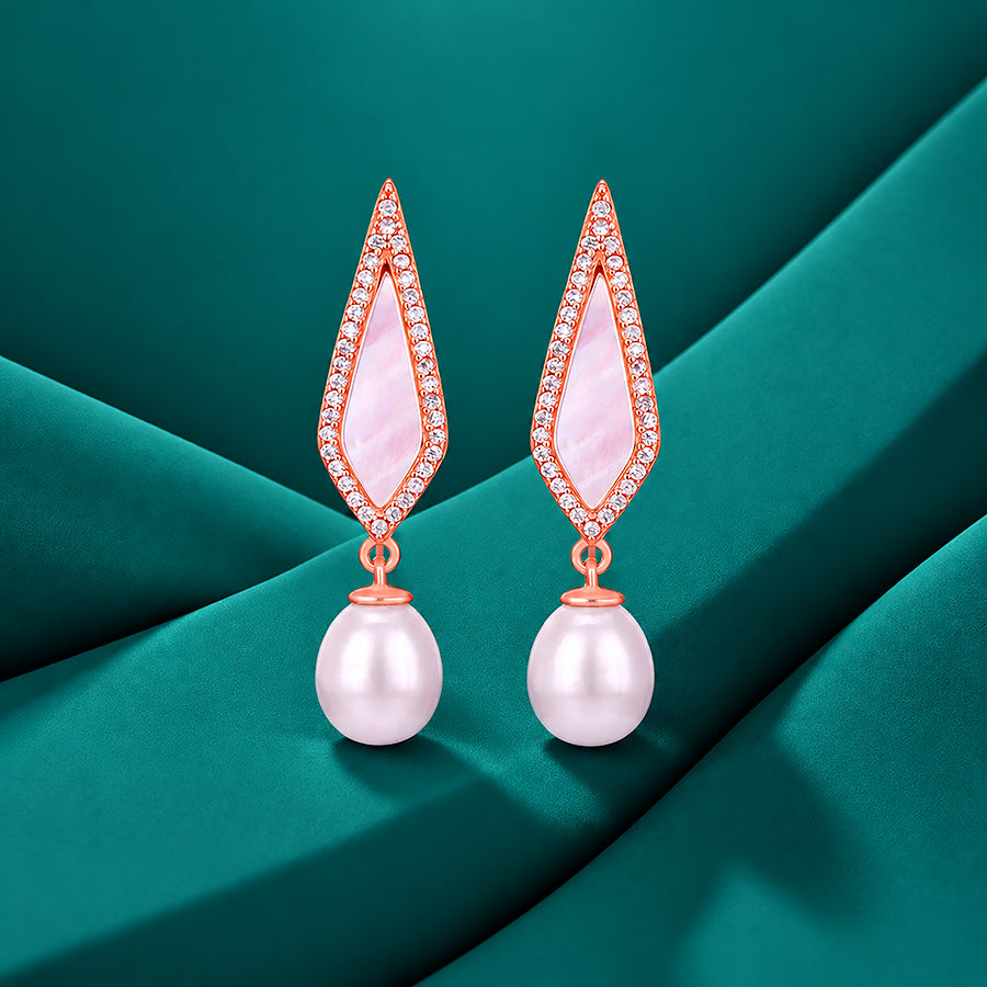 Romantic Rose Gold 925 Sterling Silver Pearl Drop Earrings for Women