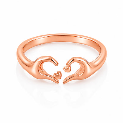 Romantic Rose Gold Heart Hands Sterling Silver Ring