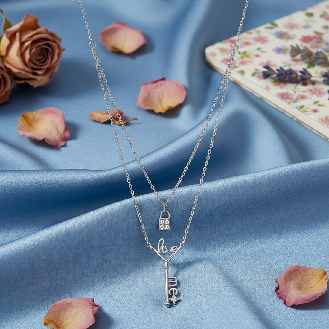 Romantic Double Layer Love Lock and Key 925 Sterling Silver Chain Pendant for women
