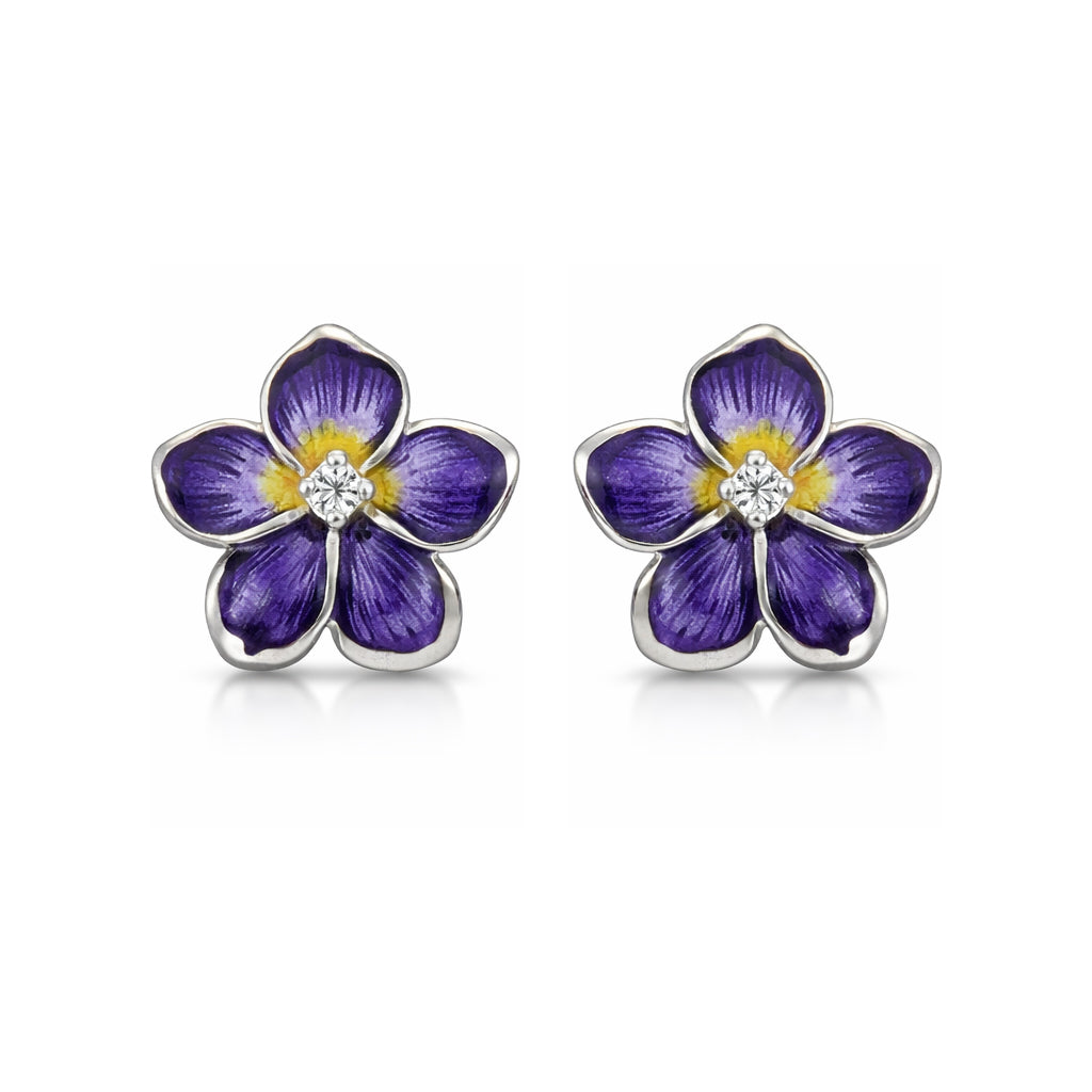 Purple flower-shaped earrings with a central gemstone on a white background
