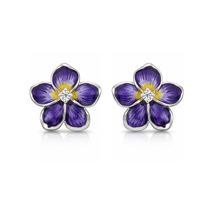 Purple flower-shaped earrings with a central gemstone on a white background