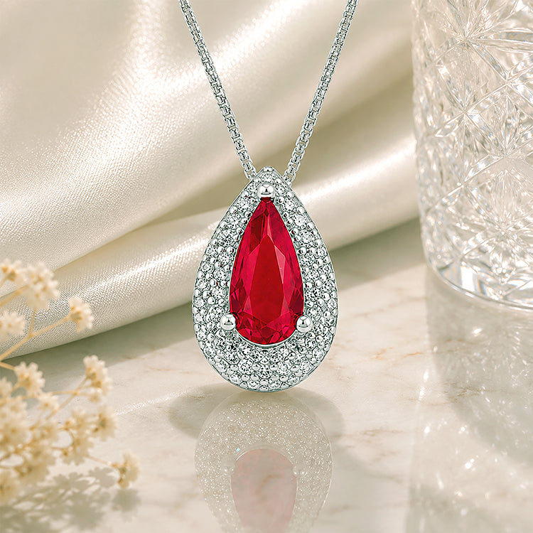 Romantic Red Teardrop Halo 925 Sterling Silver Pendant for women