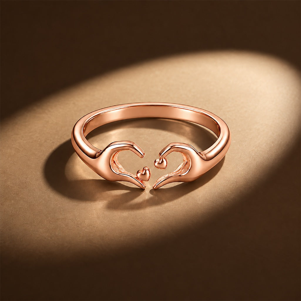Romantic Rose Gold Heart Hands Sterling Silver Ring