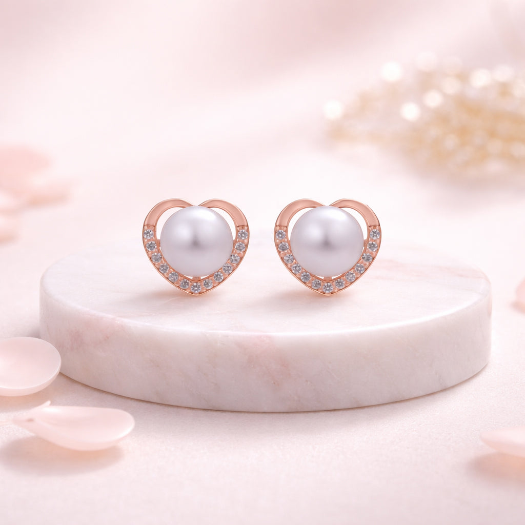 Romantic Rose Gold 925 Sterling Silver Heart Pearl Stud for Women