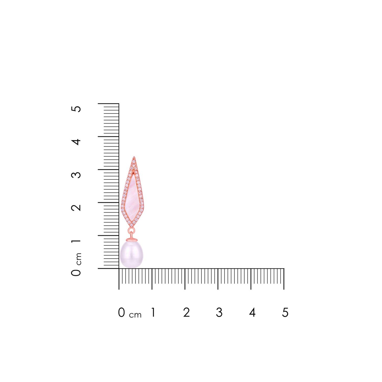 Teardrop-shaped earring with pearl and pink gemstone on a white background with a ruler for scale.
