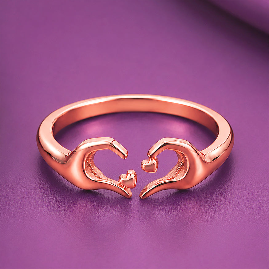 Romantic Rose Gold Heart Hands Sterling Silver Ring