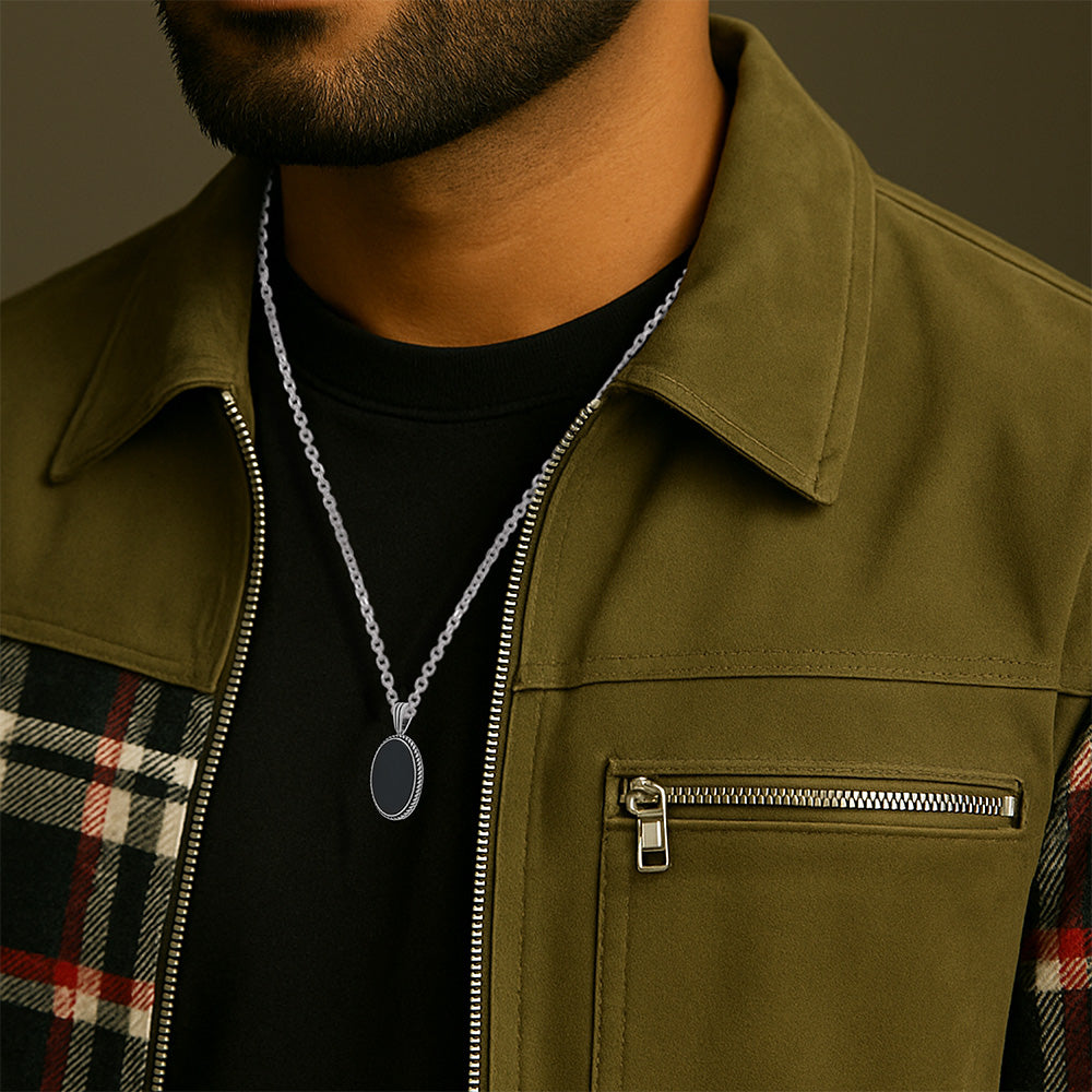 Rope Edge Oval Black Agate Oxidised Pendant