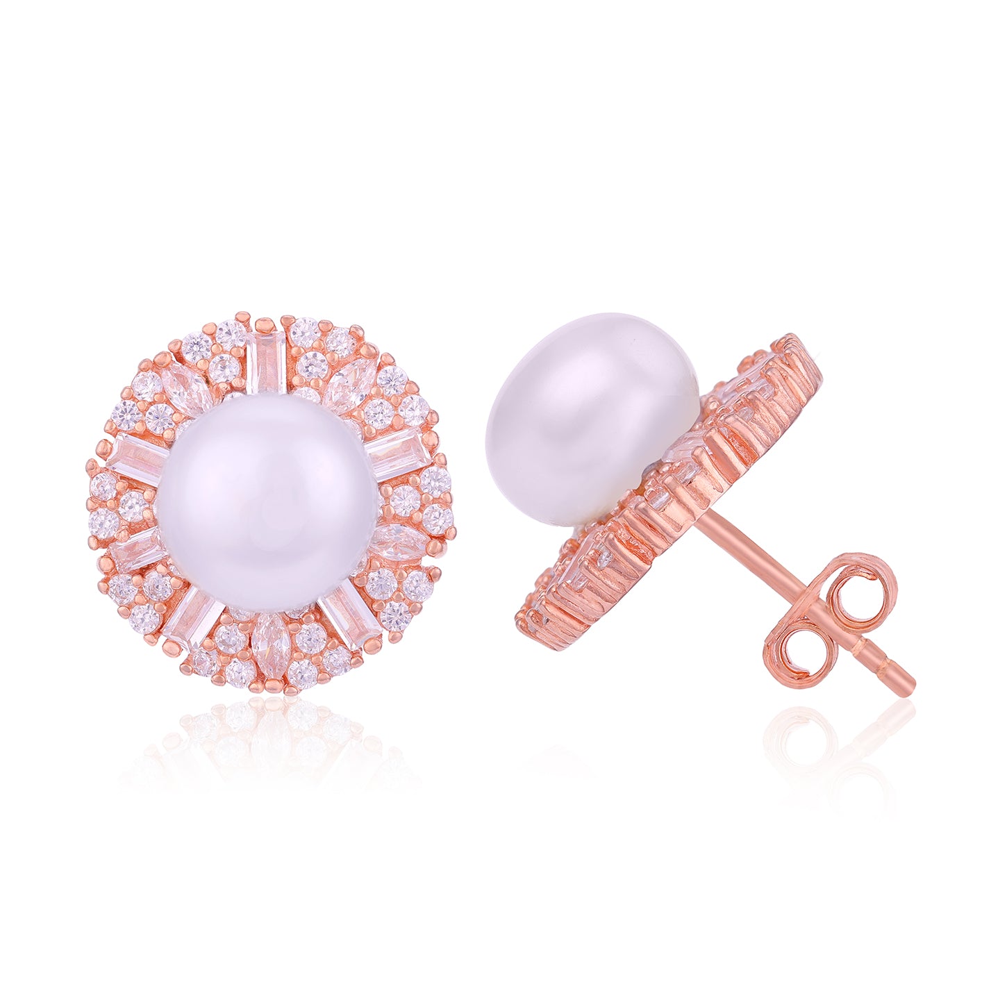 Rose Gold 925 Sterling Silver White Pearl Stud for Women
