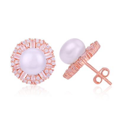 Rose Gold 925 Sterling Silver White Pearl Stud for Women