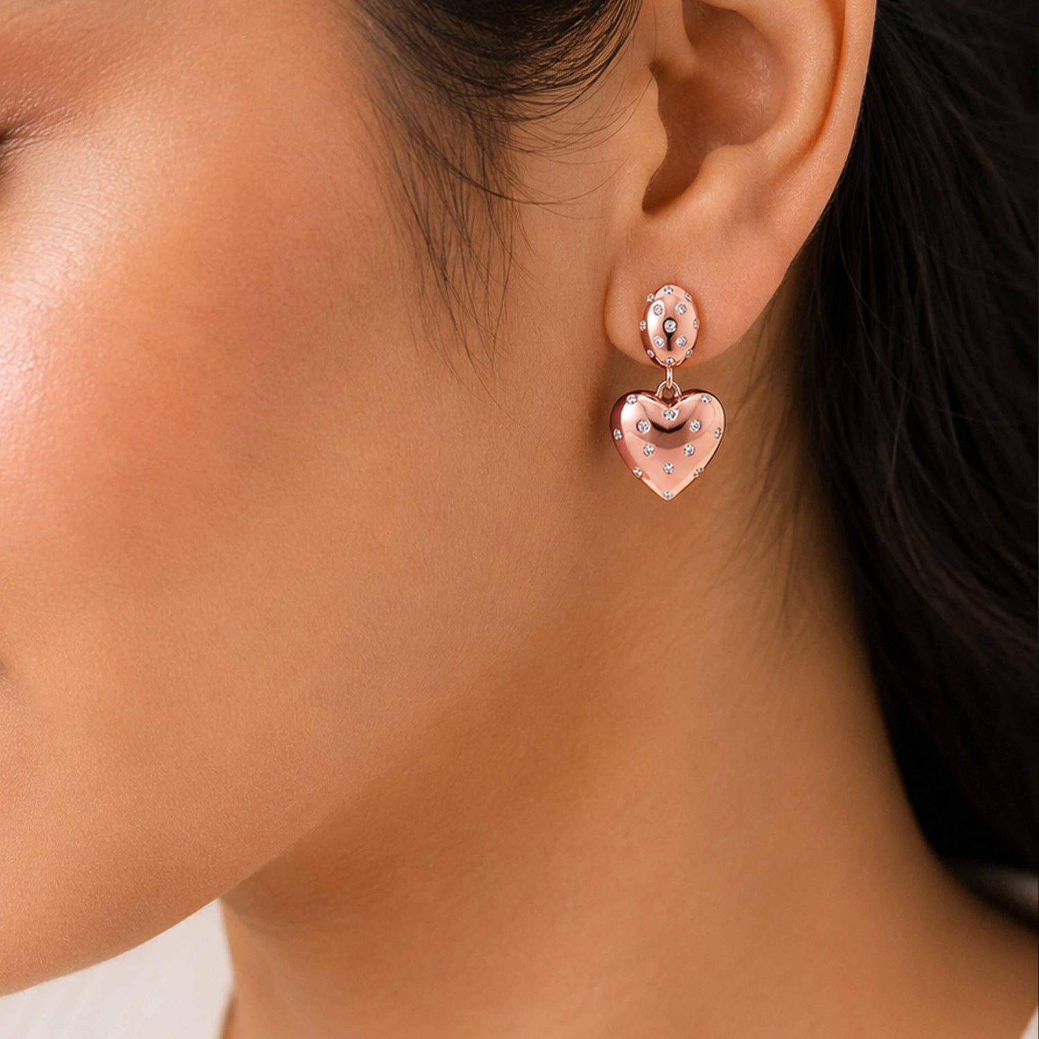 Rose Gold Crystal Starry Heart Silver Drop Earrings