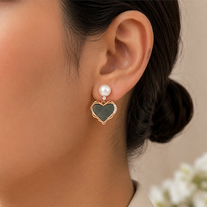 Rose Gold Pearl Black Shell Silver Heart Earrings