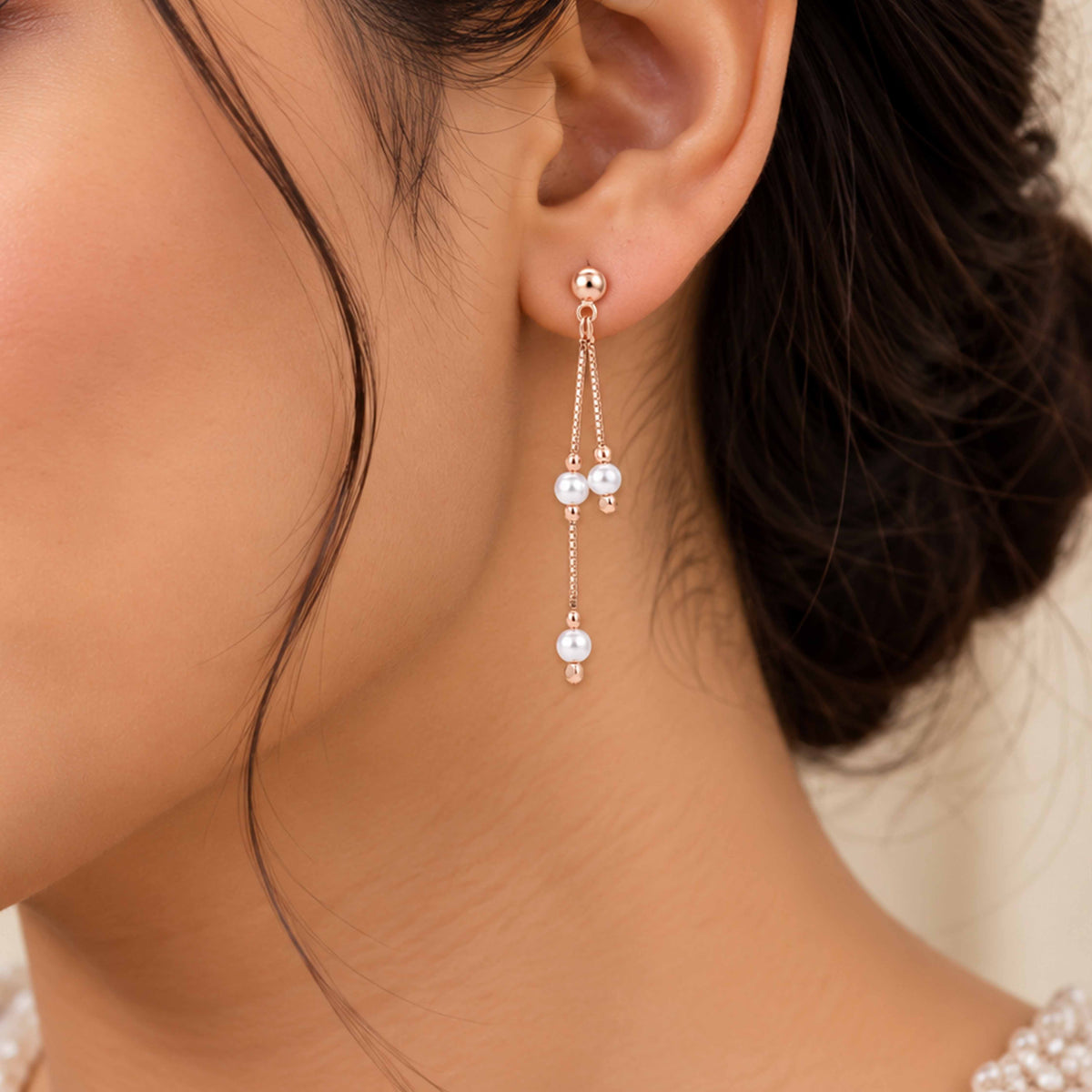 Rose Gold Pearl Chain Sterling Silver Earring