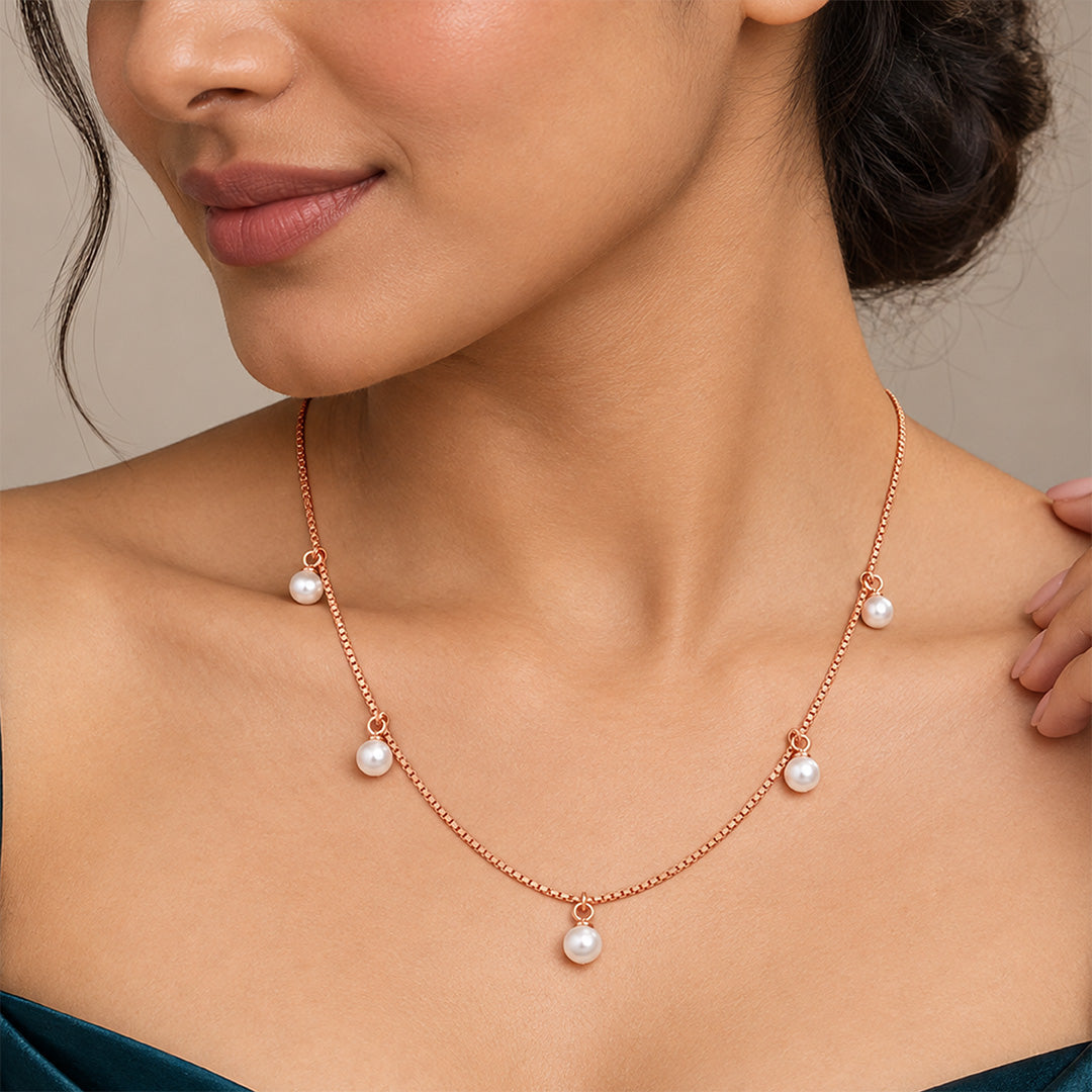 Rose Gold Pearl Charm Box Sterling Silver Chain